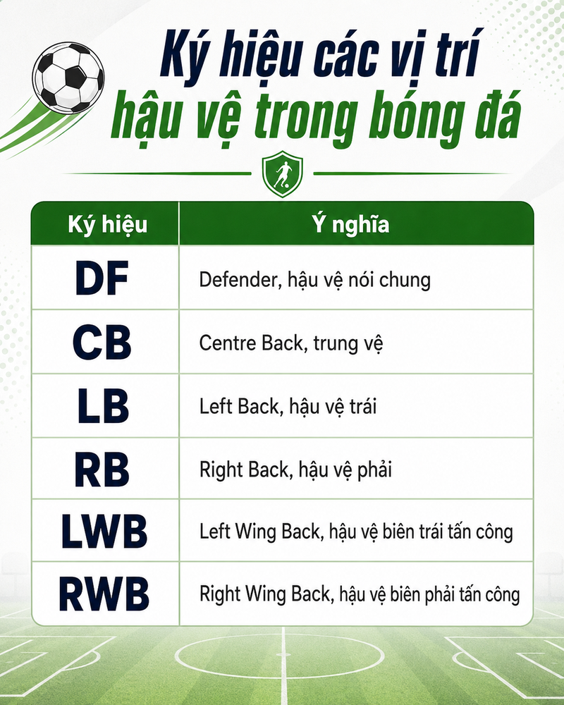 Các ký hiệu hậu vệ giúp người xem dễ nhận biết vị trí cầu thủ trong sơ đồ chiến thuật bóng đá.