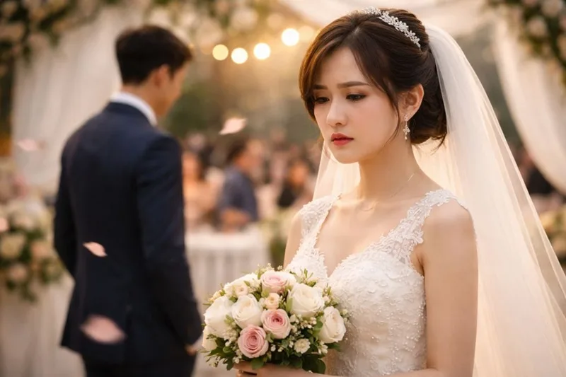 Hình ảnh hôn lễ bị gián đoạn tượng trưng cho sự bất an và áp lực trước các quyết định lớn.