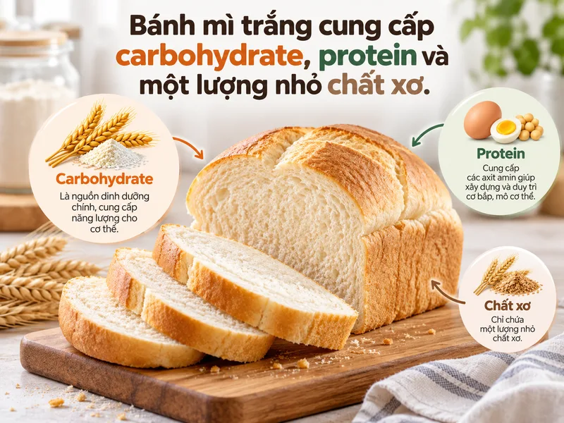 Bánh mì trắng cung cấp carbohydrate, protein và một lượng nhỏ chất xơ.