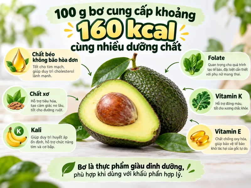 100 g bơ cung cấp khoảng 160 kcal cùng nhiều dưỡng chất