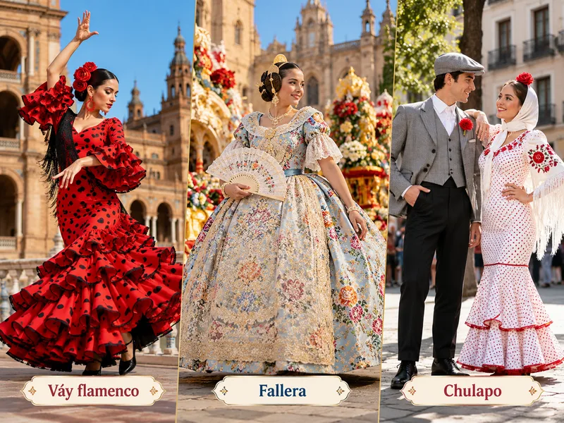 Váy flamenco, fallera và chulapo là những kiểu trang phục Tây Ban Nha tiêu biểu
